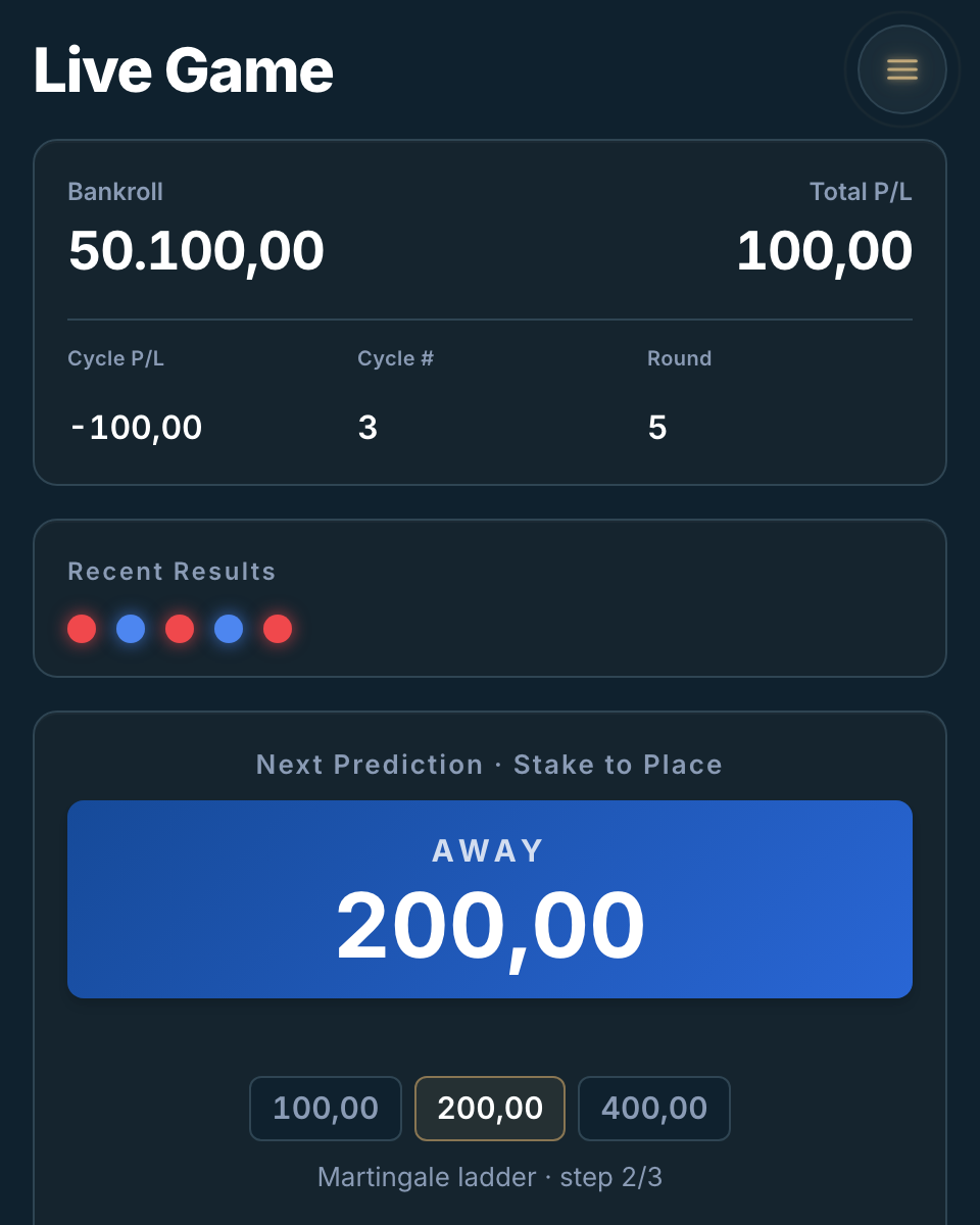 Gambargo app screenshot — bankroll and stake tracking screen